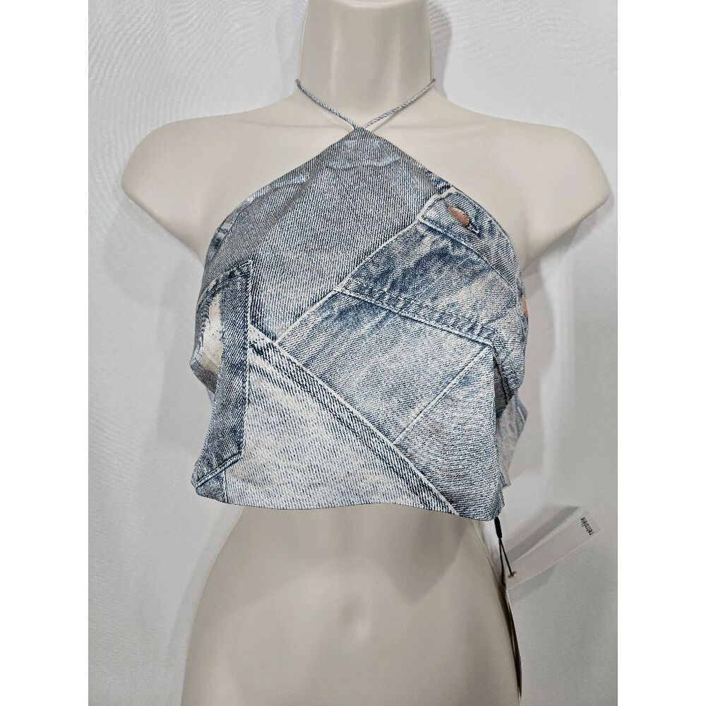 Retrofte Blue Romano Denim Halter Neck Duncan Cropped Top Size Large